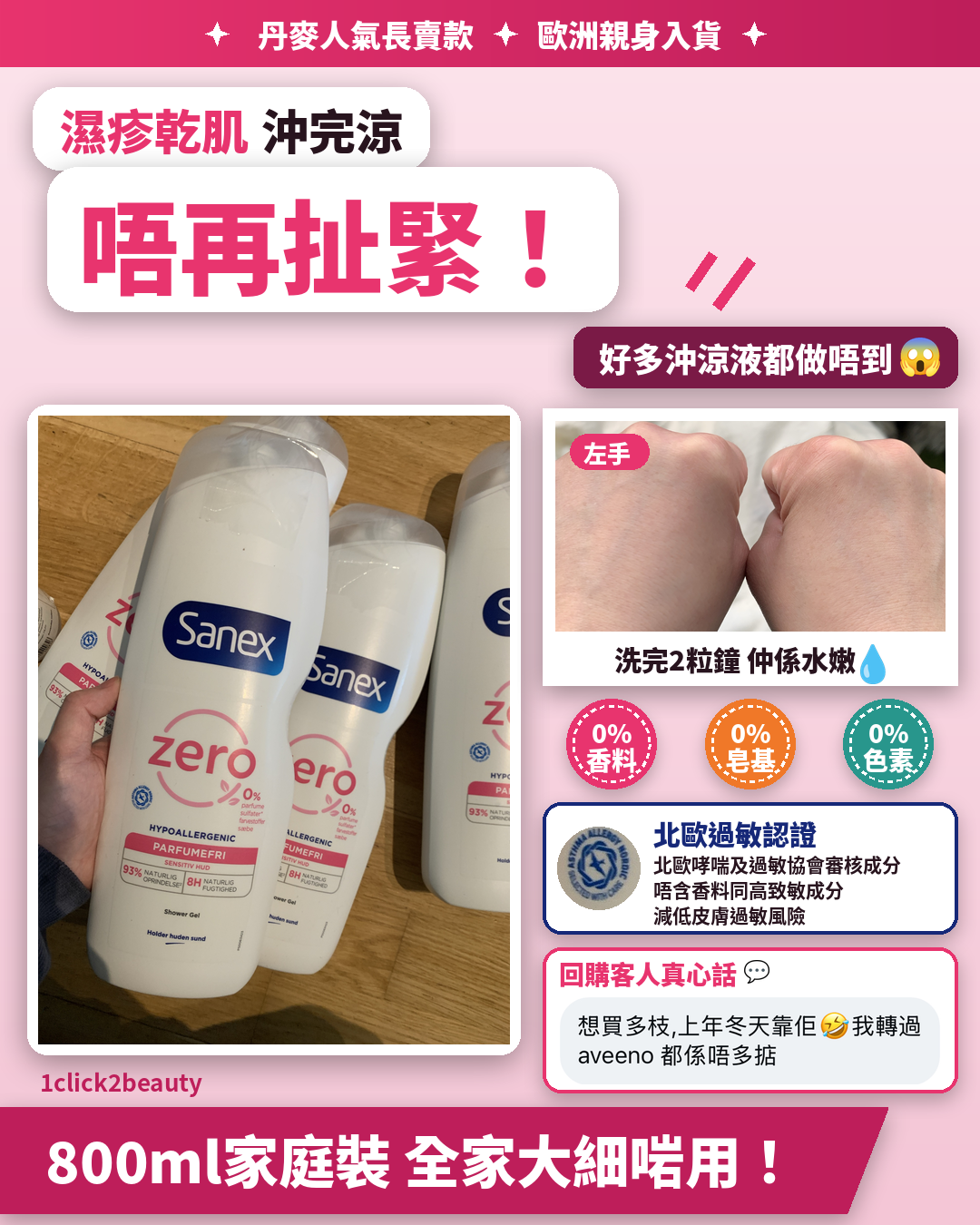 Sanex Zero% 敏感肌無香沐浴露 800ml