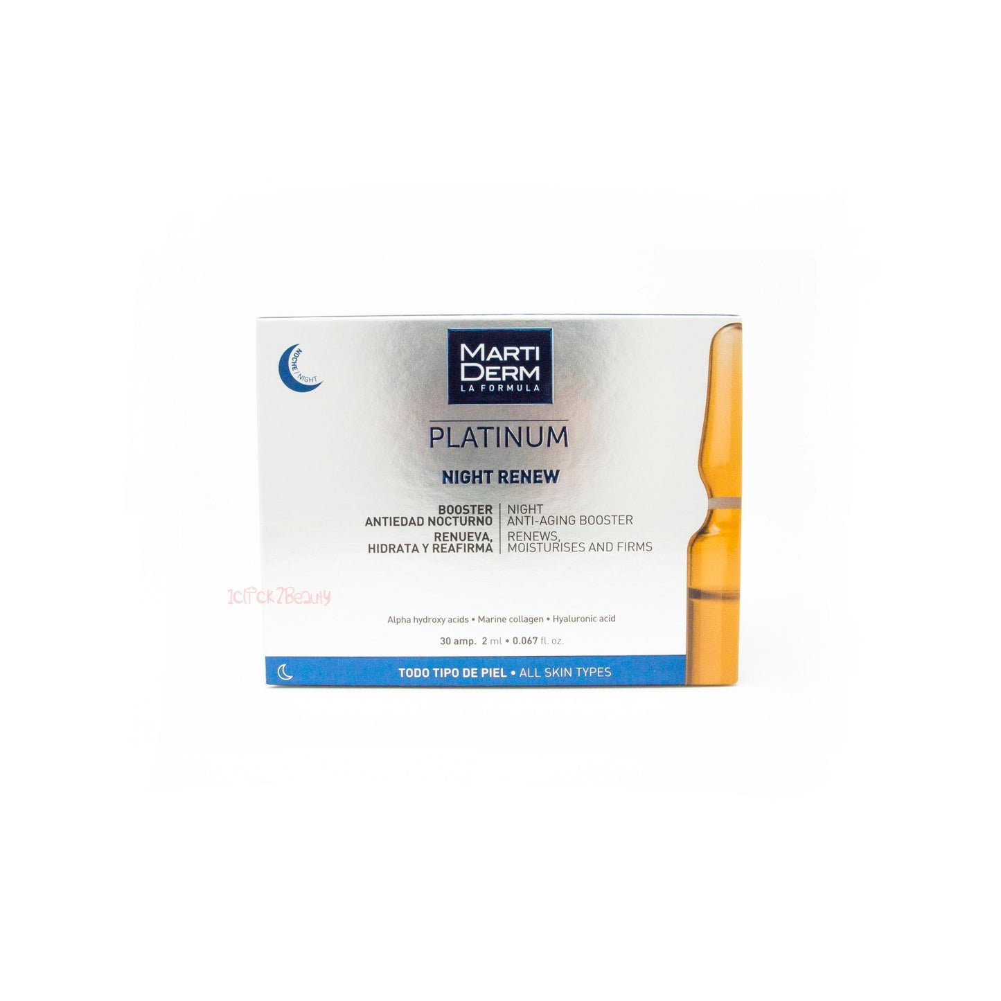 Martiderm Night Renew Platinum Ampoule,含有10% AHA,溫和去除老廢角質,促進細胞更新。5%海洋膠原蛋白和透明質酸,深層補水同時減少皺紋