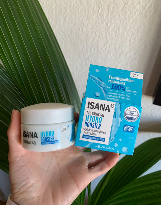 ISANA Hydro Booster 24h Creme-Gel 50毫升白色軟管簡約背景 — 德國Öko-Test 2024最高評級保濕面霜，含透明質酸、蘆薈及維他命原B5，適合所有膚質​​​​​​​​​​​​​​​​