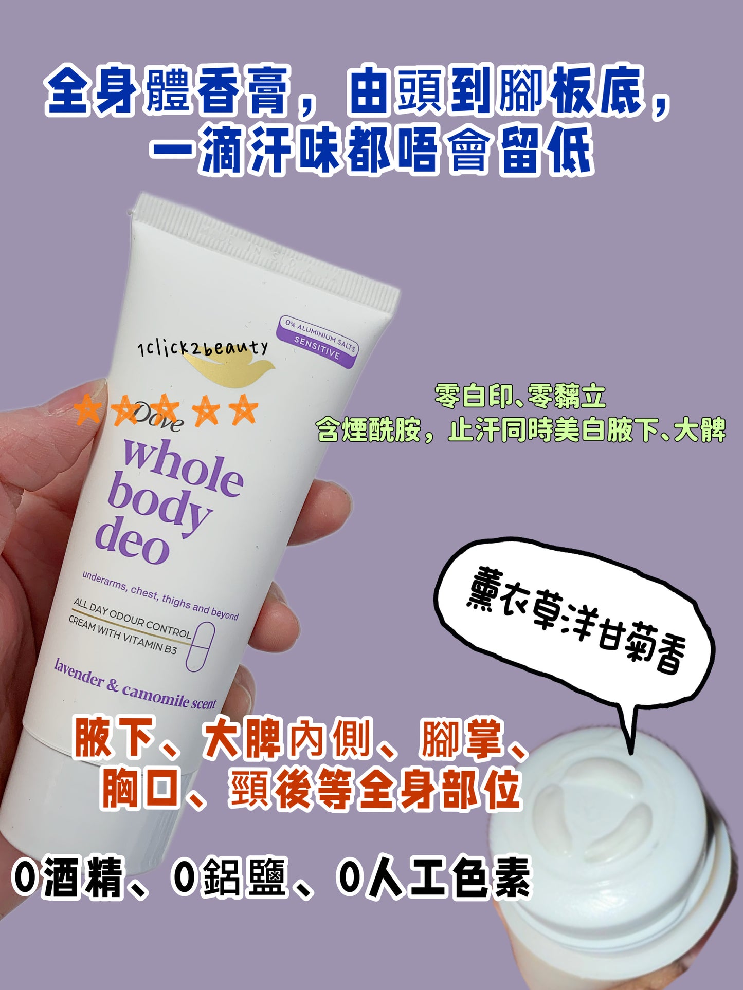 Dove Whole Body Deodorant Cream Lavender & Camomile 75ml - 無鋁鹽全身體香膏，適用於腋下、大脾內側、腳掌、胸口、頸後等全身部位。薰衣草洋甘菊天然香氣，敏感肌適用。