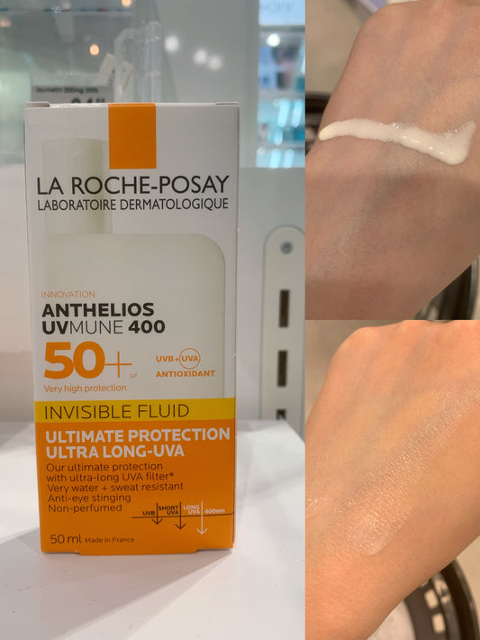  La Roche-Posay Anthelios UVMune 400 Invisible Fluid SPF50+，采用先進的MEXORYL 400專利防曬技術，全面抵禦UVA和UVB。無香料配方，輕透不油膩，適合敏感肌膚。